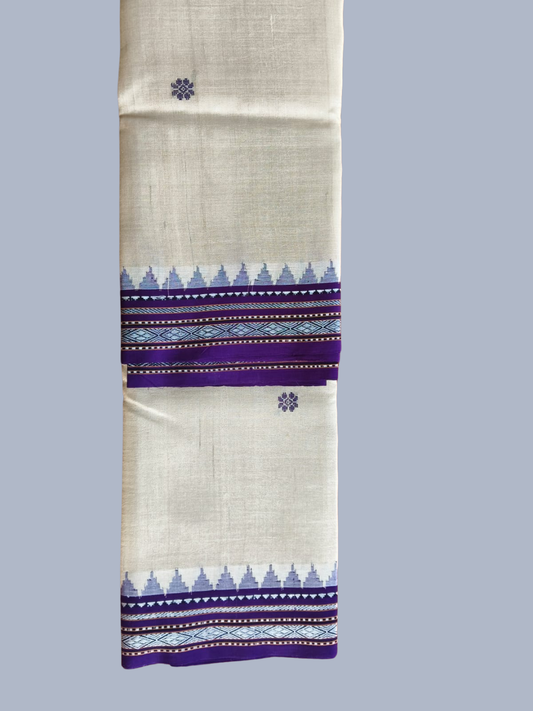 Off White & Royal Blue Handloom Vidarbha Tussar Silk Saree with Multicolor Contrast Border -003