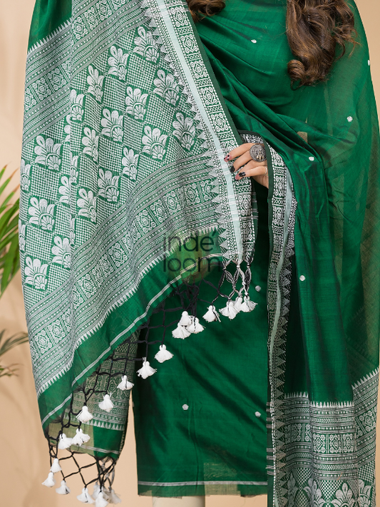 Handwoven Jamdani Muslin Cotton Unstitched 2-piece Kurti  |  Forest Green