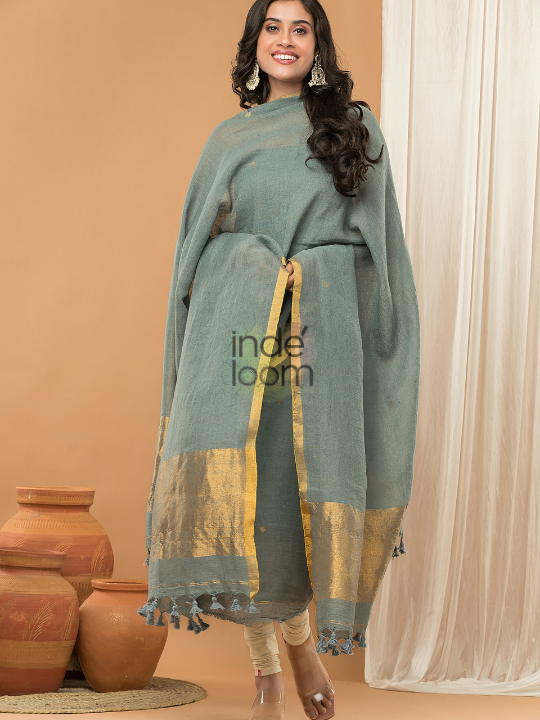 Sage Grey | Handloom Jamdani Linen Unstitched 2-Piece Kurti