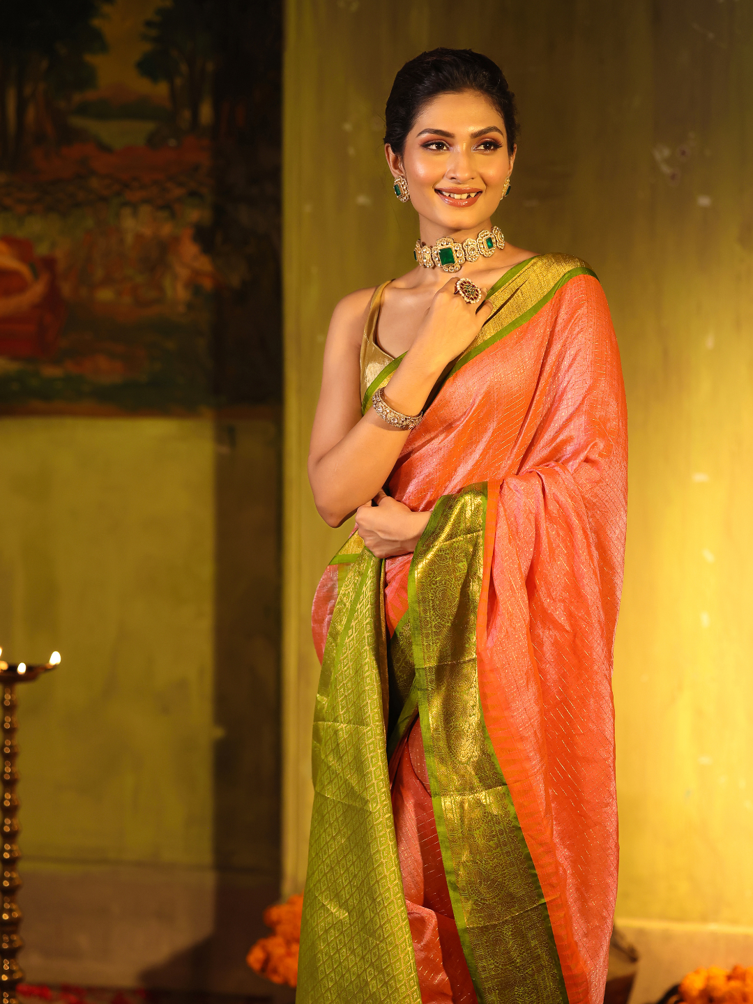 Pure Handloom Korvai Saree | Coral Pink and Leaf Green