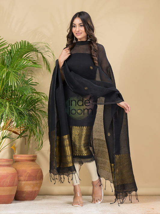 Handwoven Jamdani Linen Unstitched 2-piece Kurti  |  Midnight Black
