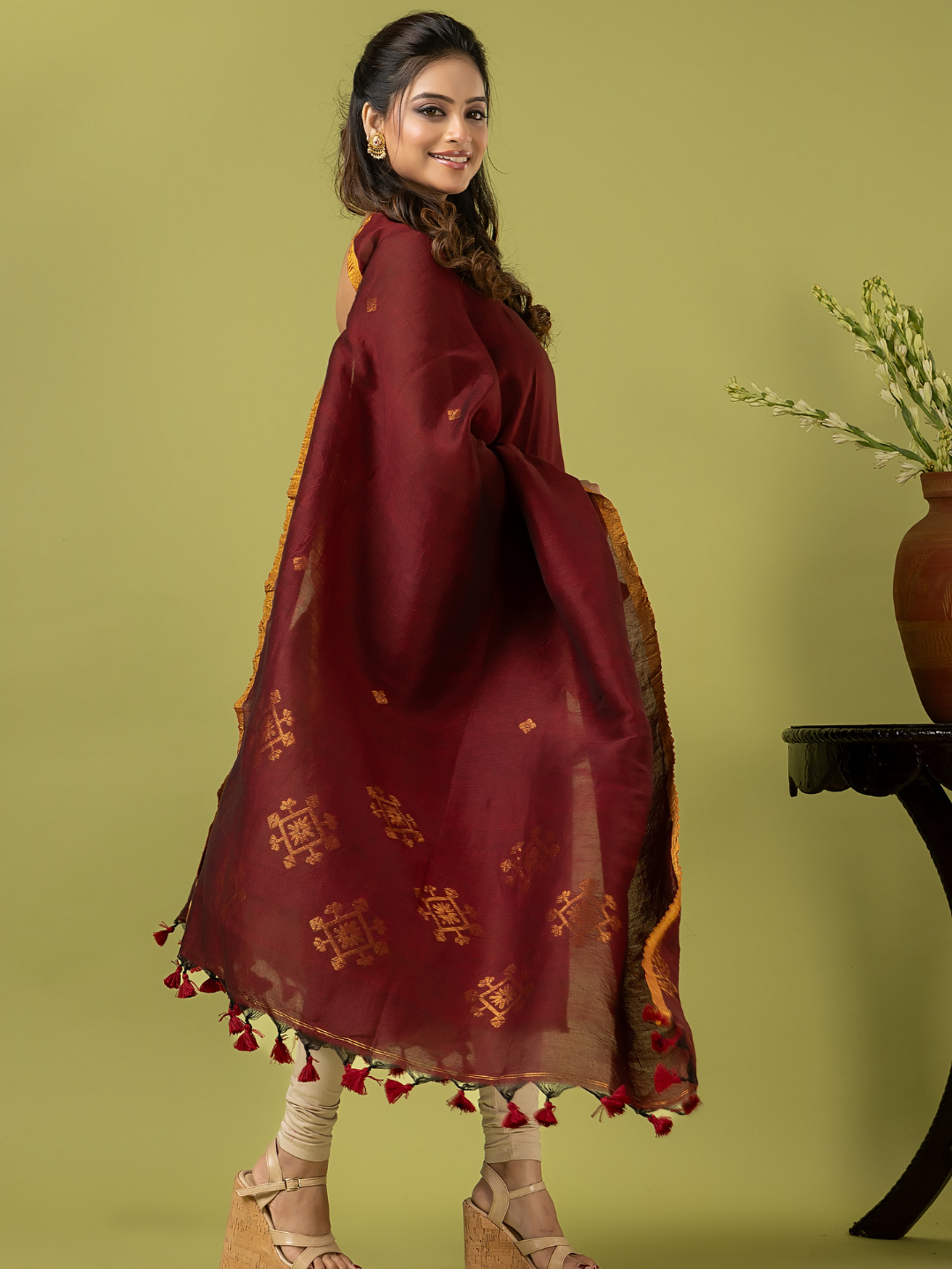 Handwoven Jamdani Linen Unstitched 2-piece Kurti | Deep Maroon