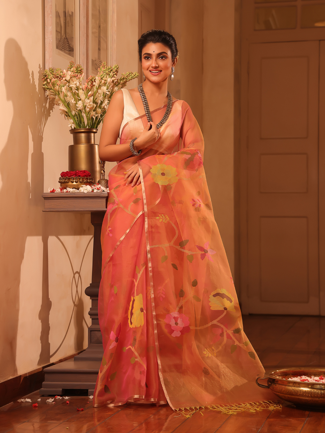 Handwoven Pure Jamdani Muslin Saree  |  Fire Orange