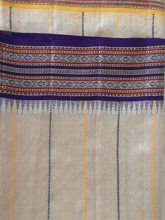 Light Yellow And Purpule  Handloom Vidarbha Tussar Silk Saree with Multicolor Contrast Border -126