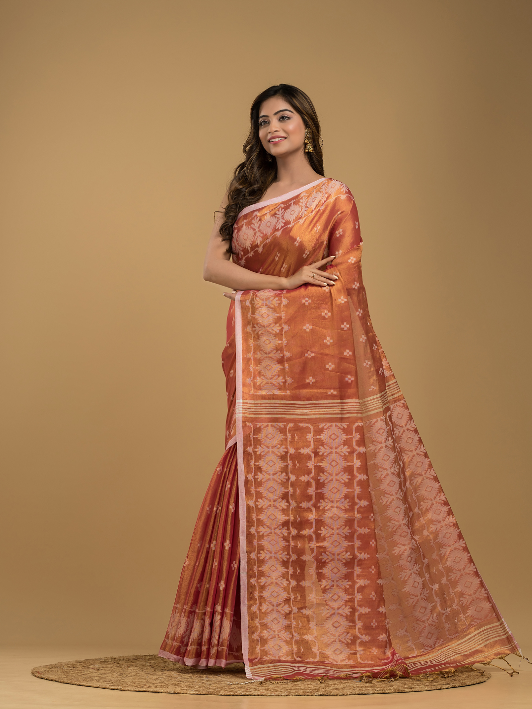 Tissue Silk Jamdani Saree Fire Orange - 041
