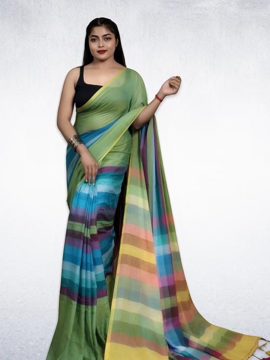 Handloom Mul Cotton Saree With Forest Green - 018