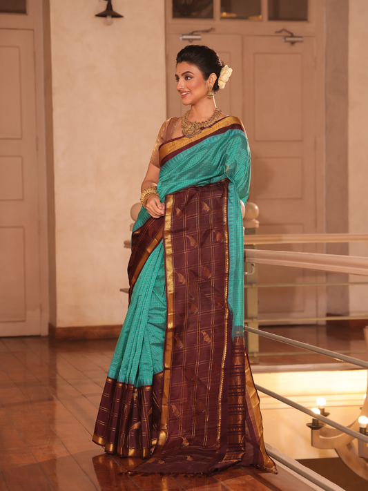 Pure Handloom Korvai Saree | Parrot motifs On Zari Checks | bright Blue