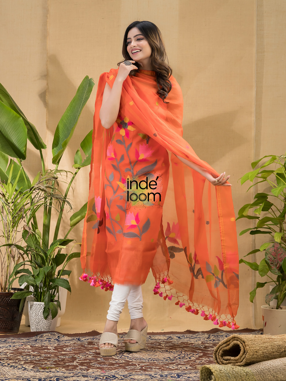 Burnt Orange | Handloom Jamdani Muslin Unstitched 2-Piece Kurti | Tantuj Design