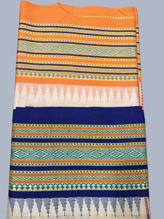 Orange and Blue Handloom Vidarbha Tussar Silk Saree with Multicolor Contrast Border -012