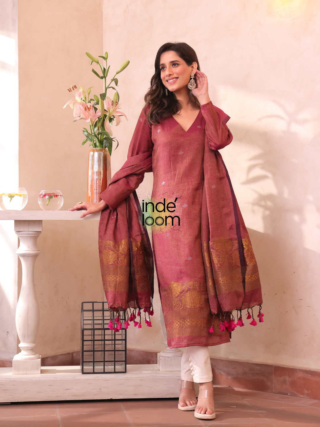 Dusty Maroon | Handloom Jamdani Linen Unstitched 2-Piece Kurti | Benaras Design