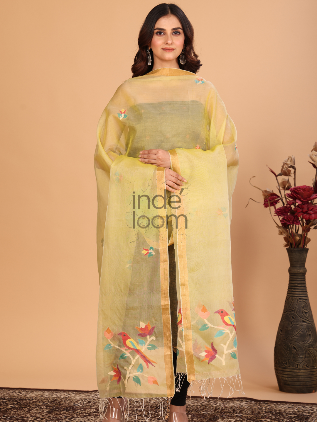 Pure Handloom Muslin Jamdani Dupatta With Pale Yellow  - 001