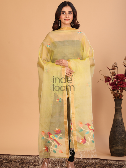 Pure Handloom Muslin Jamdani Dupatta With Pale Yellow  - 001