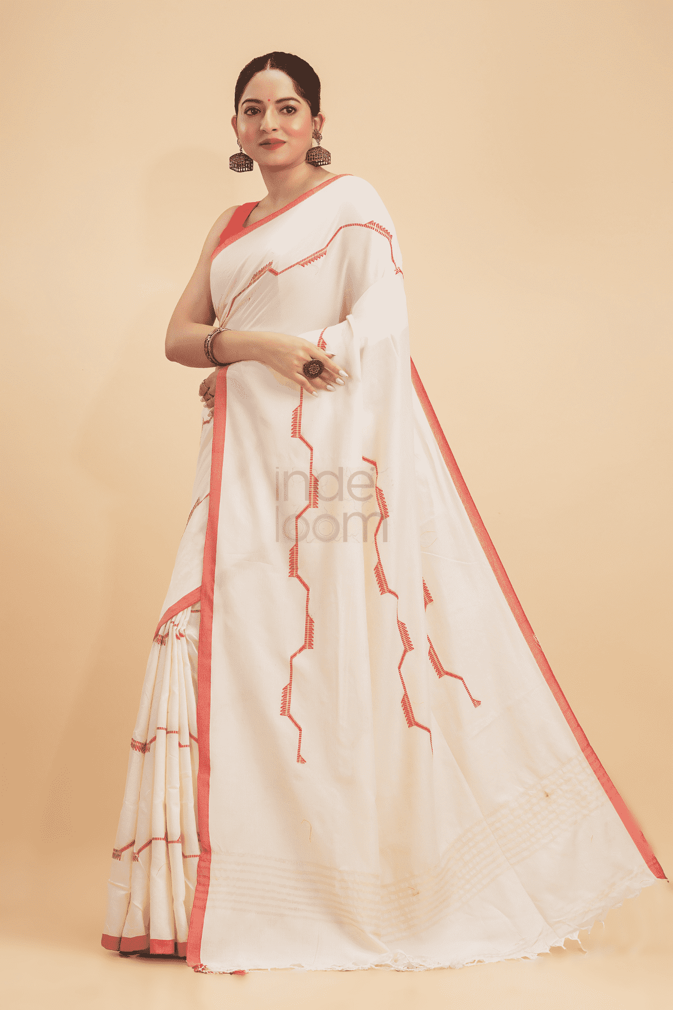 Durga Puja Saree Handloom Cotton in Red White- 001 - indeloom