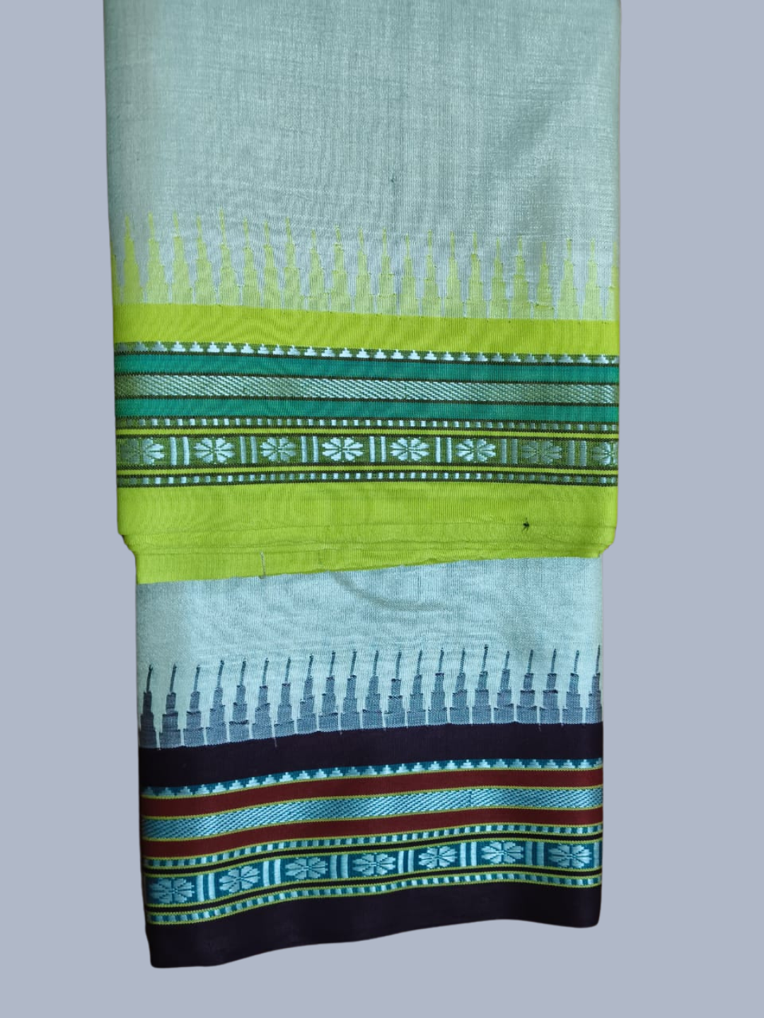 Light Green & Blue Handloom Vidarbha Tussar Silk Saree with Multicolor Contrast Border -006