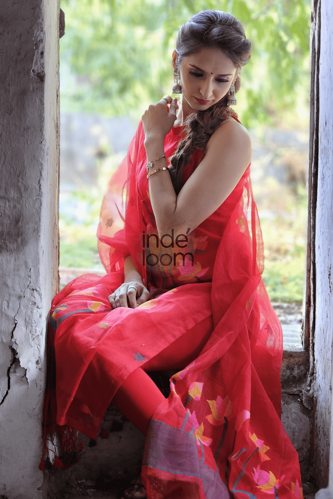 Muslin Jamdani 2-Piece Set Kurti & Dupatta (UNSTITCHED) - Classic Red - 086