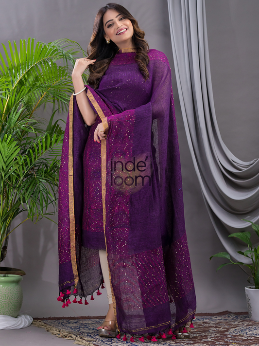 Handwoven Jamdani Linen Unstitched 2-piece Kurti  |  Royal Purple