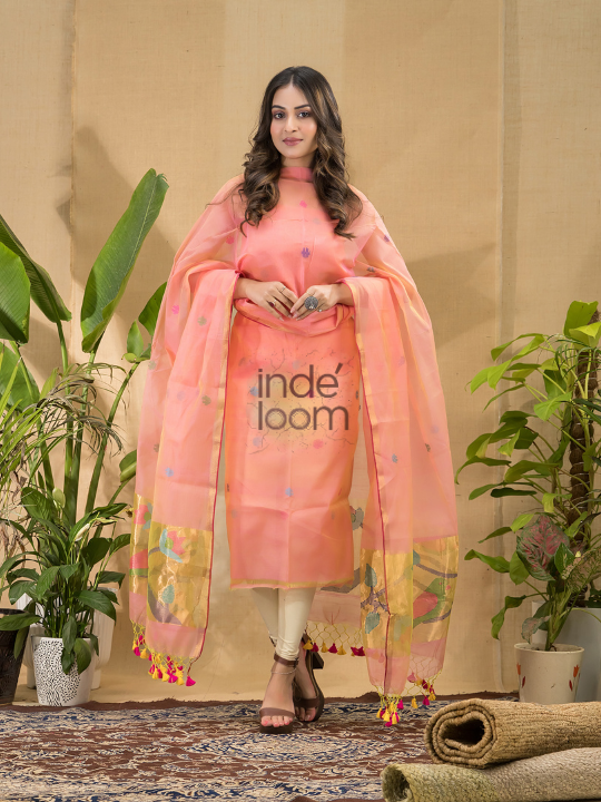 Flame Coral | Handloom Jamdani Muslin Unstitched 2-Piece Kurti | Paithani Design