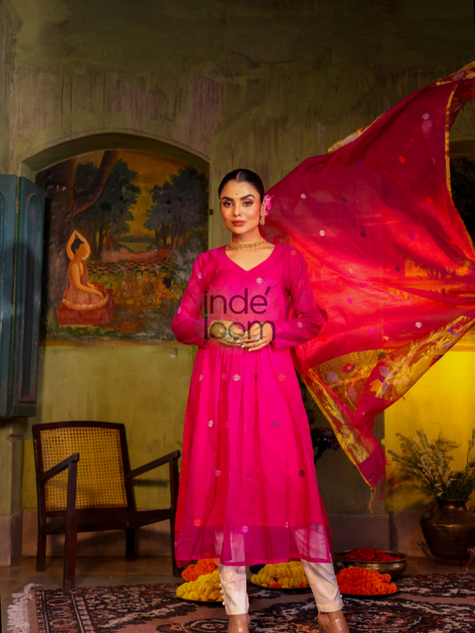 Handwoven Jamdani Cotton Silk Unstitched 2-piece Kurti  |  Magenta Pink