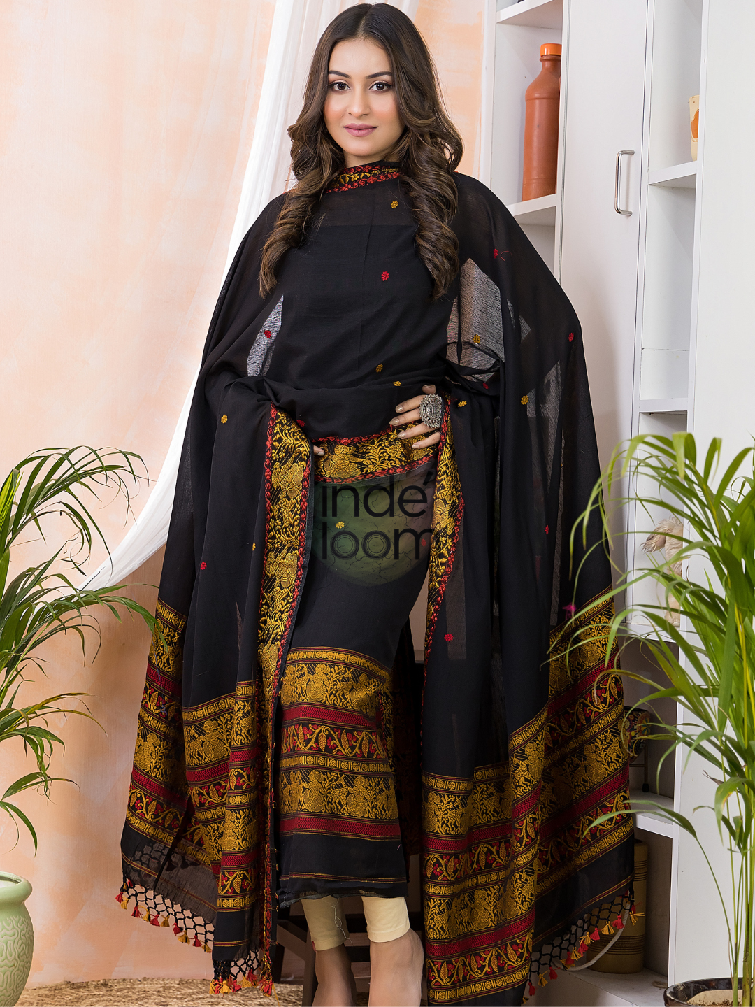 Dark Black Jamdani 2-Piece Set Kurti & Dupatta (UNSTITCHED) - 974