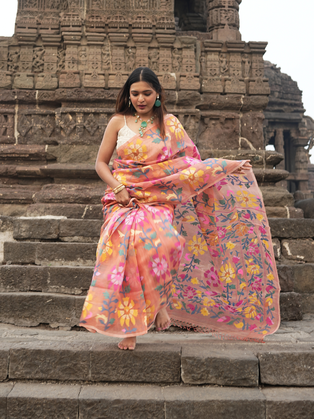 Hand Made Jamdani Saree With Coral Orange- 060