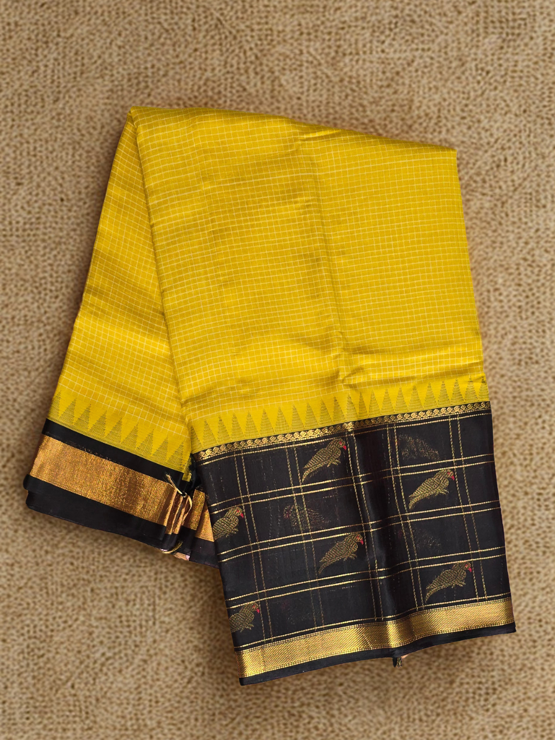 Pure Handloom Korvai Saree | Bright Yellow and Dark Black
