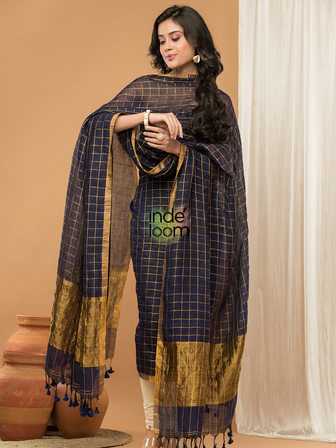 Handwoven Jamdani Linen Kurti  |  Navy Blue