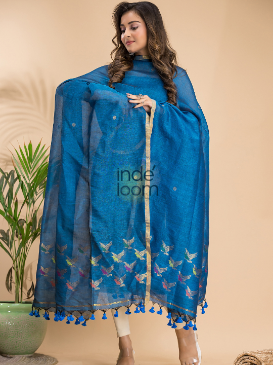 Azure Blue | Handloom Jamdani Linen Unstitched 2-Piece Kurti