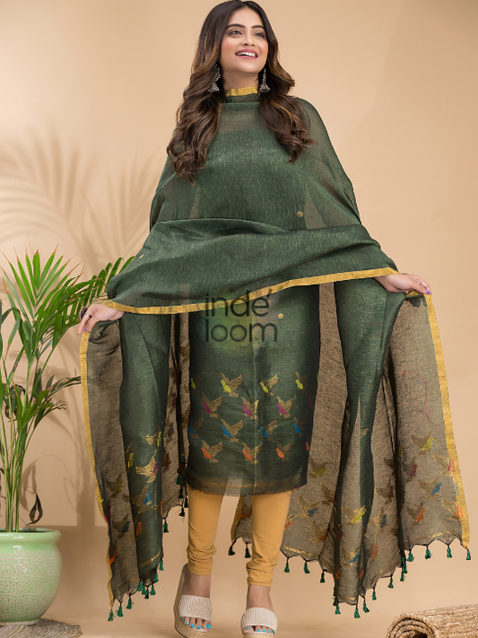 Handwoven Jamdani Cotton Linen Unstitched 2-piece Kurti  |  Army Green