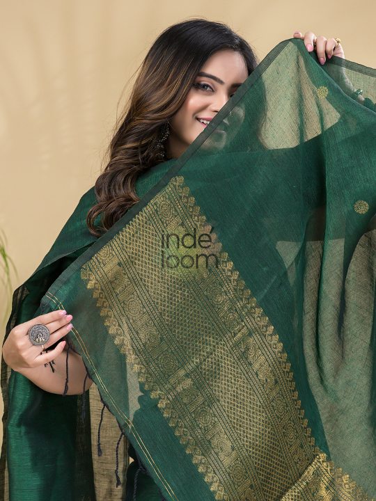 Hunter Green | Handloom Jamdani Muslin Unstitched 2-Piece Kurti | Classic Design