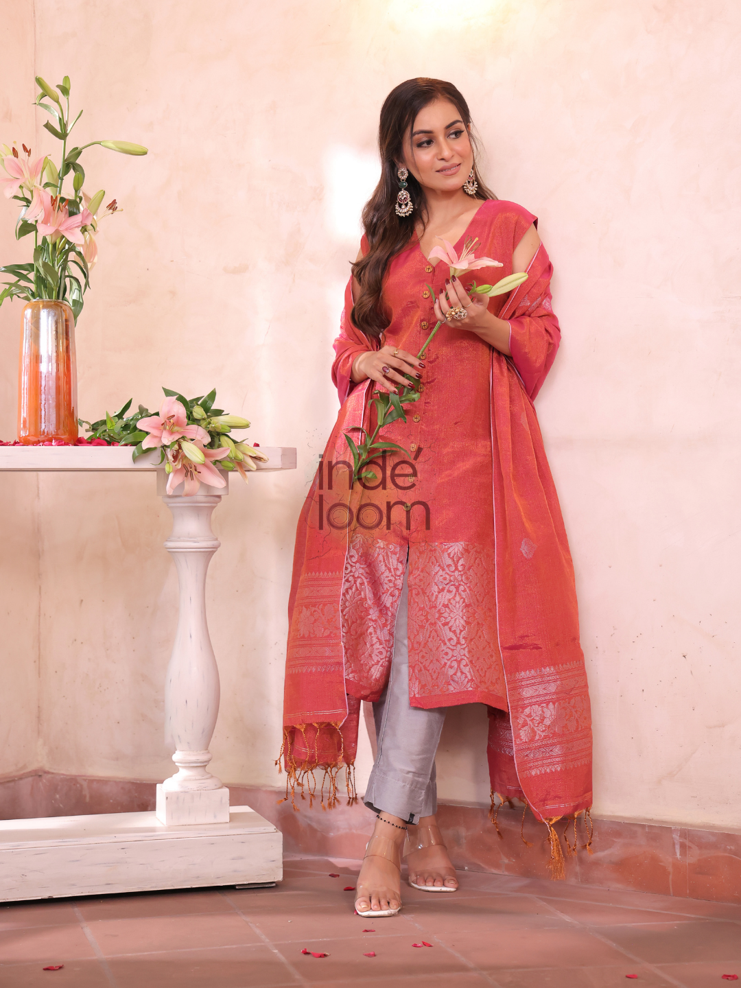 Rose Red Tissue Linen Silver Zari Jamdani 2-Piece Set Kurti & Dupatta (UNSTITCHED) - 301