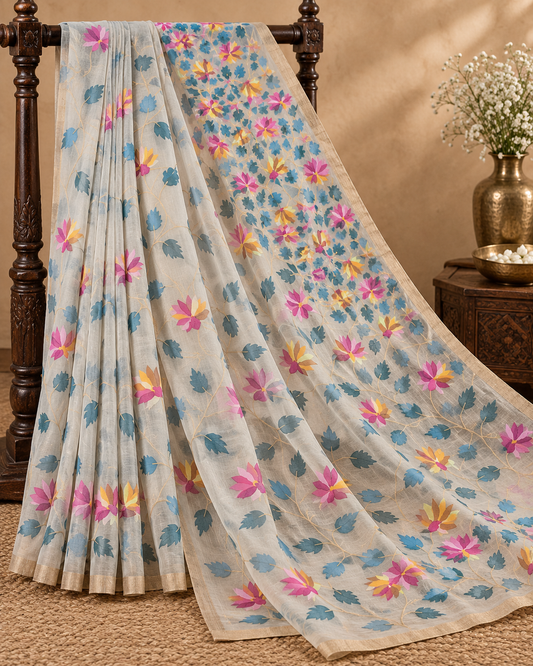 Handwoven Jamdani Muslin Saree | Pearl Grey
