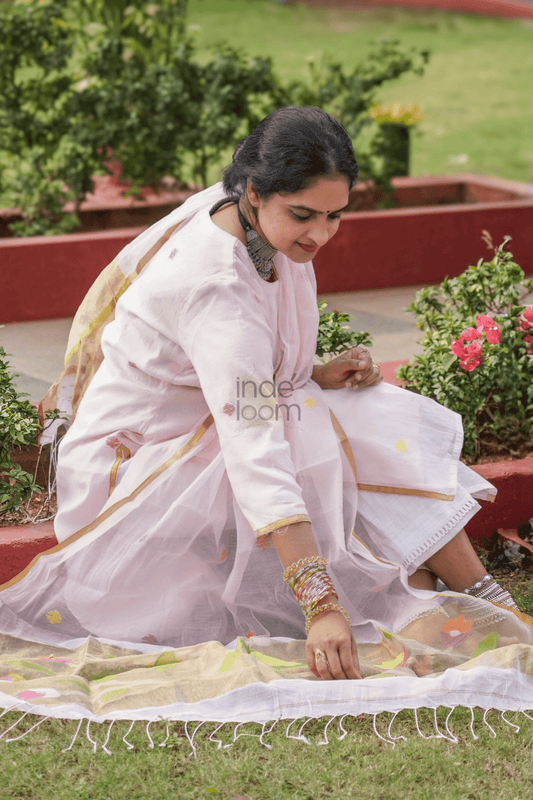 Baby Pink Muslin Jamdani 2 Piece Set Kurti & Dupatta (UNSTITCHED) -361 - indeloom