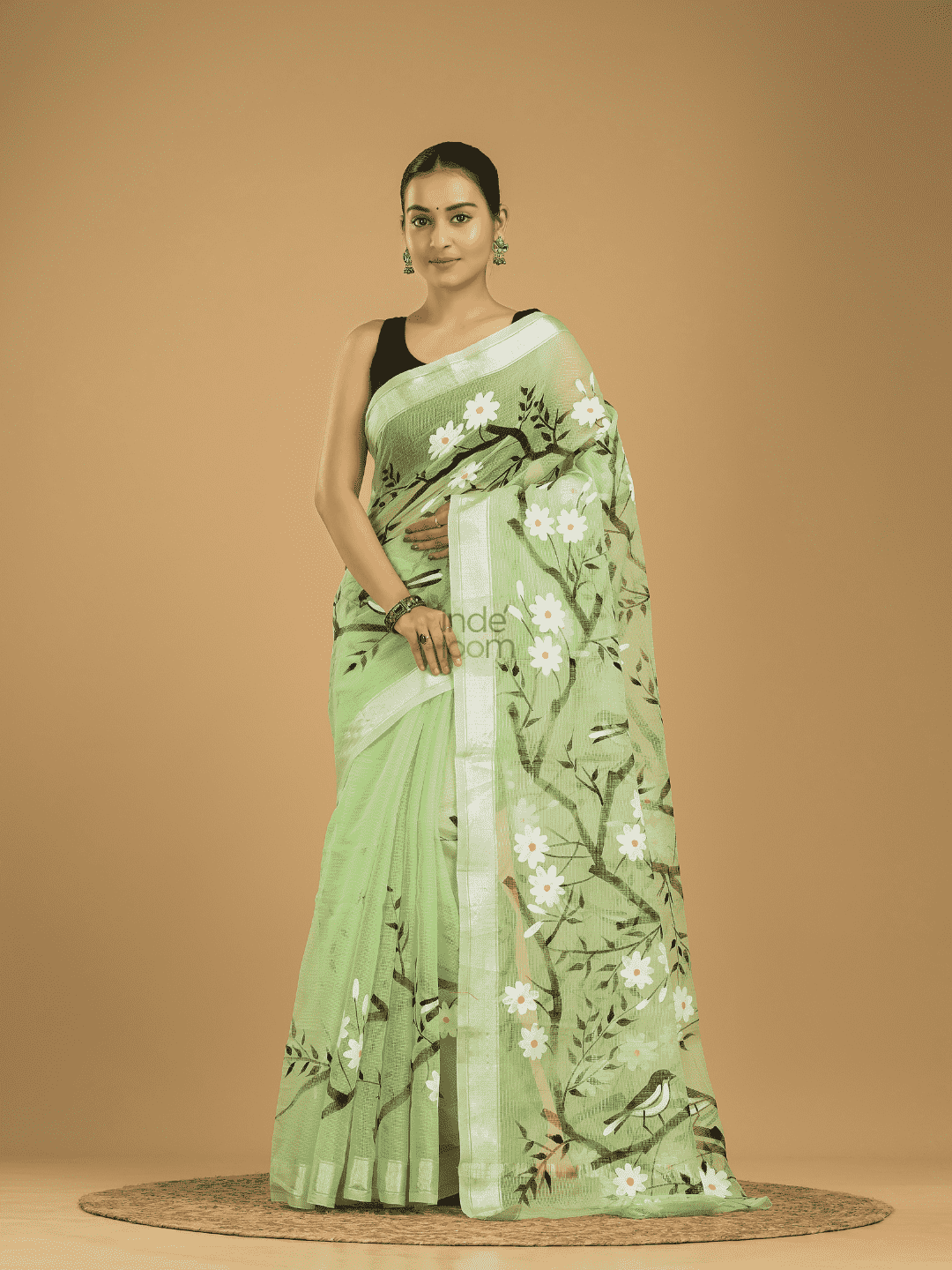 Kota Doria Handpainted Saree With Mint Green - 001 - indeloom