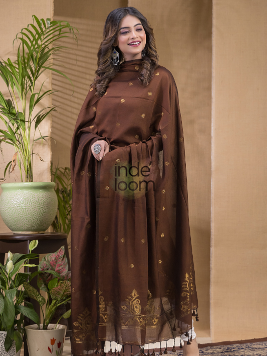 Handwoven Jamdani Cotton Unstitched 2-piece Kurti  |  Coffee Brown