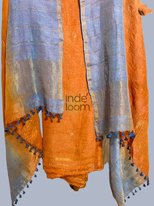 Neon Orange Handloom Linen X Linen 2-Piece Set Kurti & Dupatta (UNSTITCHED) - 859