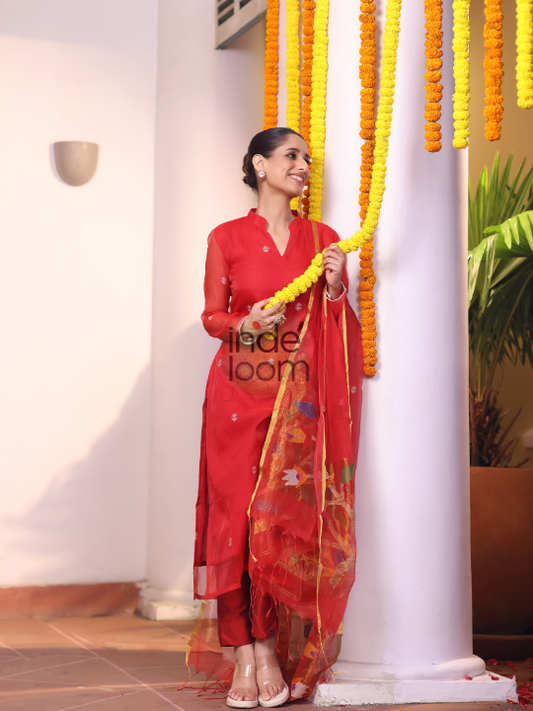 Handwoven Jamdani Silk Cotton Unstitched 2-piece Kurti  |  Brick Red