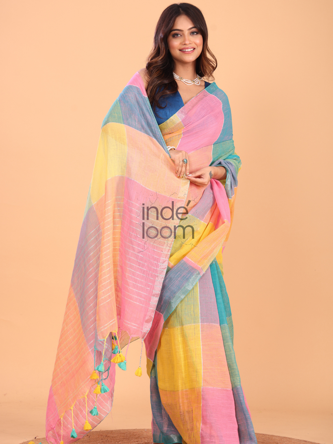 Linen Checks Saree With Pink Yellow Blue - 133
