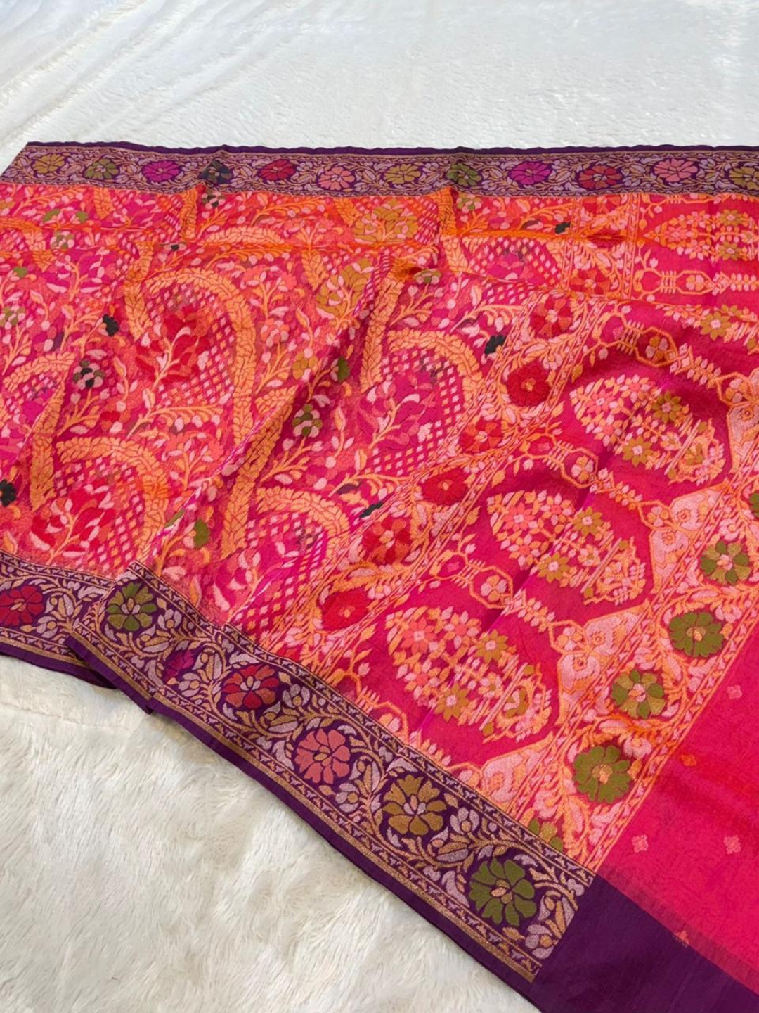 Pure Banarasi Exclusive Ektara Kora JAMDANI Tilfi saree  | Rani Pink