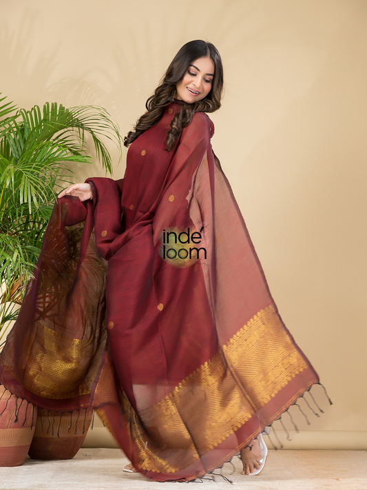 Mahogany Wine | Handloom Jamdani Muslin Unstitched 2-Piece Kurti | Classic Design
