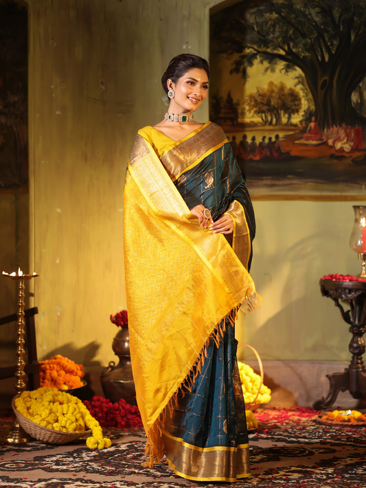 Pure Handloom Korvai Saree | Teal Peacock and Mango Yellow