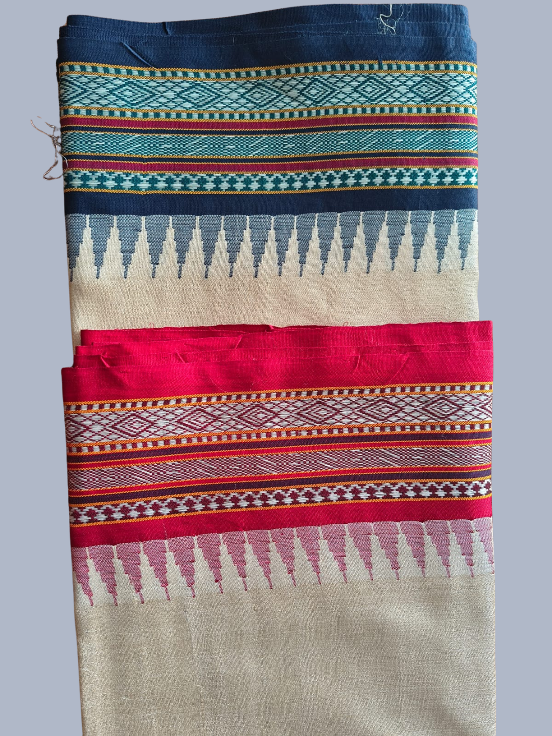 Berry Blue and Red Handloom Vidarbha Tussar Silk Saree with Multicolor Contrast Border -011