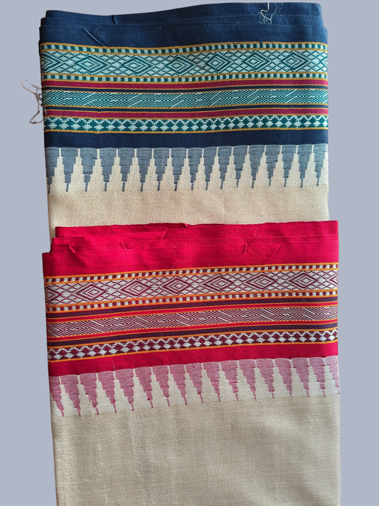 Berry Blue and Red Handloom Vidarbha Tussar Silk Saree with Multicolor Contrast Border -011