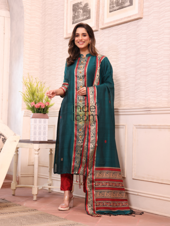 Teal Green | Handloom Jamdani Linen Unstitched 2-Piece Kurti | Baluchari Design