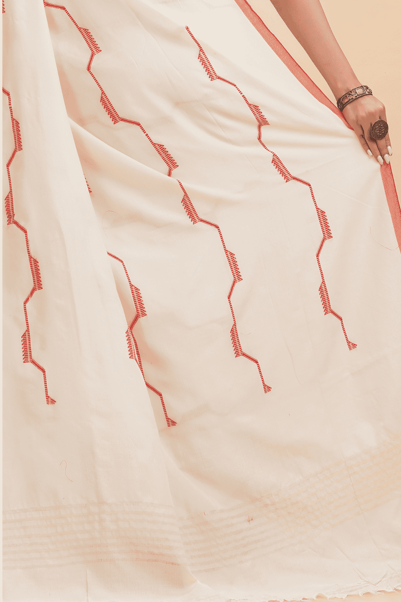 Durga Puja Saree Handloom Cotton in Red White- 001 - indeloom