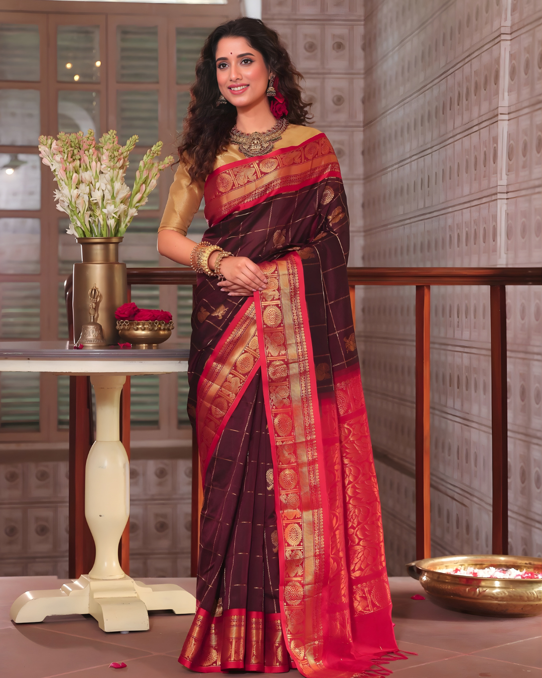 Pure Handloom Korvai Saree | Dark Brown and Rani Pink