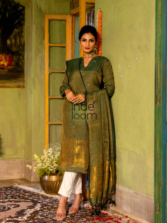 Olive Grove | Handloom Jamdani Linen Unstitched 2-Piece Kurti