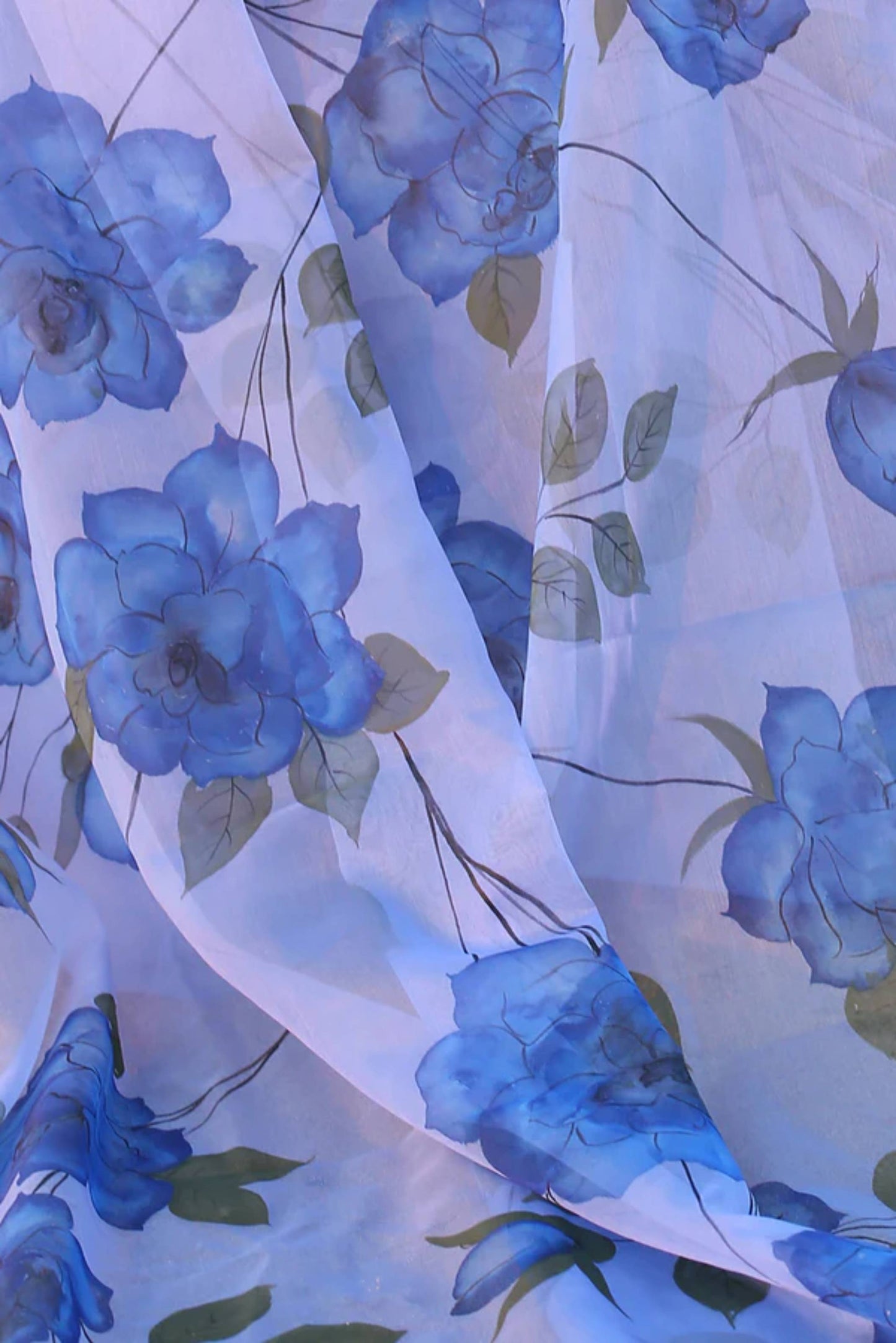 Blossom of Blue Roses-Organza Hand-painted Saree-004