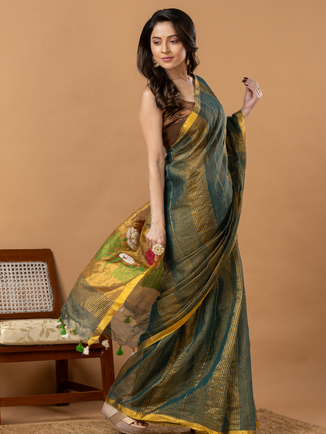 Handwoven Jamdani Silk Tissue Linen Saree | Deep Teal