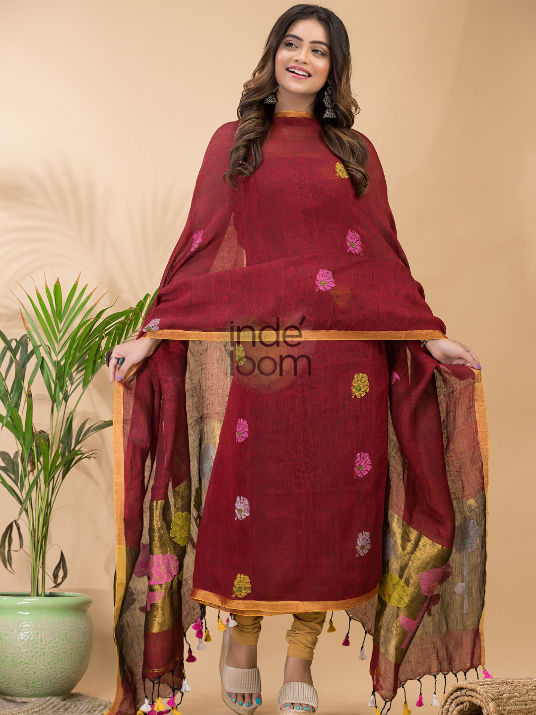 Blood Red Linen X Linen 2-Piece Set Kurti & Dupatta (UNSTITCHED) - 073