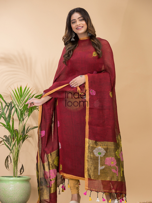 Blood Red Linen X Linen 2-Piece Set Kurti & Dupatta (UNSTITCHED) - 073